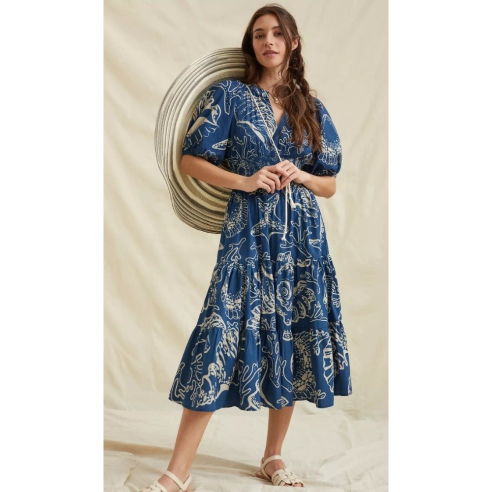 Conditions Apply Anthropologie Blue Shell Print Smocked Midi Dress 26W Plus NEW